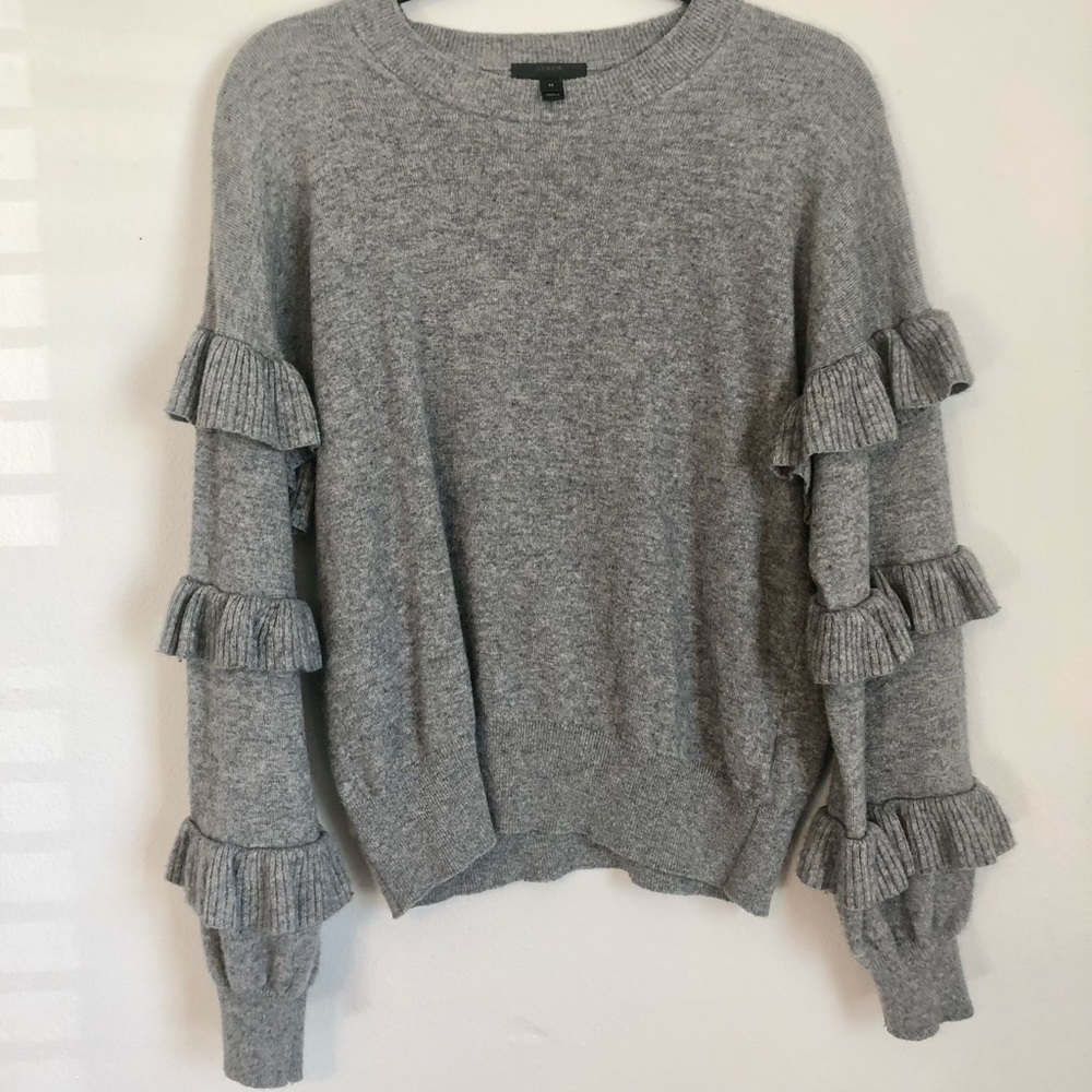 J. Crew grey ruffle sleeve sweater